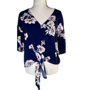 LUQ Navy & All Over Floral Pattern Short Sleeve Front Tie Shirt Sz M‎